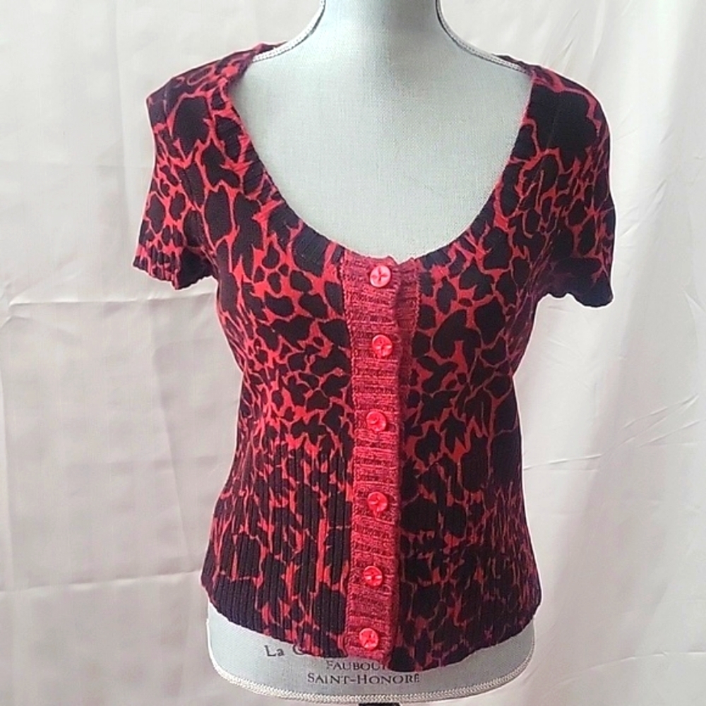 Axcess Red & Black Cardigan Button Down Sweater, Short Sleeves, 100% Cotton, M